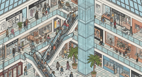 Modern Multi-Level Shopping Mall Interior with Escalators and Retail Stores.