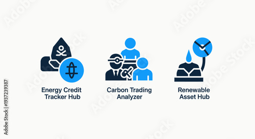 Icons for energy credit tracker, carbon trading, and renewable asset hub, representing environmental finance and sustainable energy solutions.