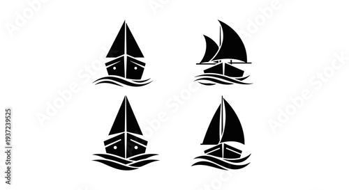 Collection of four distinct black silhouette sailboat icons each set against a clean white background showcasing