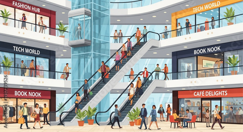 Modern Multi-Level Shopping Mall Interior with Escalators and Shoppers.