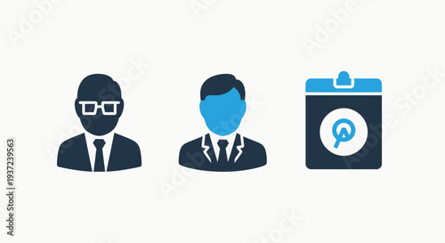 Icons depicting businessmen and a clipboard with a magnifying glass, representing management, finance, and analysis.