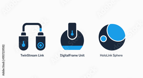 Futuristic technology icons: twin stream link, digital frame unit, and holo link sphere for virtual reality and digital connections.