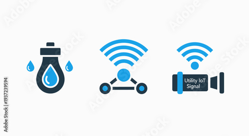 Set of icons illustrating IoT and smart technology: lightbulb with water drops, connected nodes, and camera with WiFi signal. Represents smart home and utility monitoring.