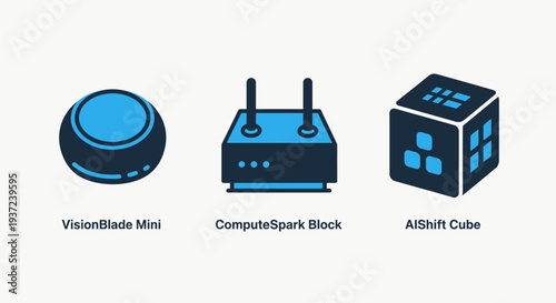 Collection of modern flat icons representing AI and technology concepts: VisionBlade Mini, ComputeSpark Block, and AIShift Cube. Clean, minimalist design for digital use.