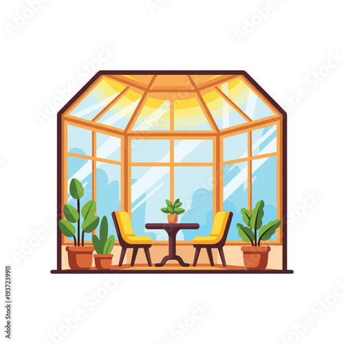 Modern glass greenhouse dining room with plants and sunset lighting