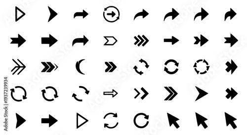 Arrows icon set with various directions and styles, directional symbols for navigation and interface elements