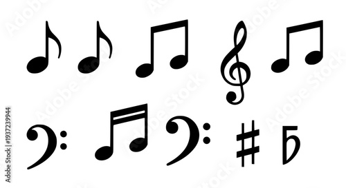 Musical notes and symbols set with black and white design elements featuring sheet music, treble clef, bass clef with