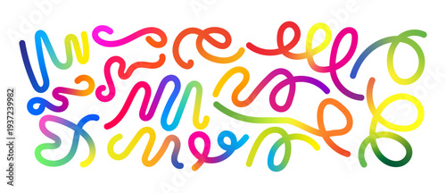 Gradient squiggle lines set. Abstract pattern background with colorful wave shapes. Squiggly dynamic wavy elements with rainbow flow for design banner and flyer