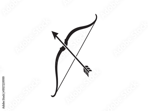 A black bow and arrow crossed over each other on a white background