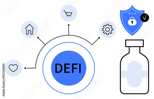 Decentralized finance. Decentralized finance with health, security, and technology icons around the DEFI concept. Decentralized finance signifies innovation and global connection. Ideal for financial