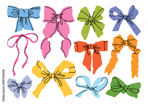 Femininity colorful flat set of cartoon ribbons and accessories in different size and shapes. Vintage girly bows for hair decoration. Cute hand draw coquette stickers for celebrations and feasts. 