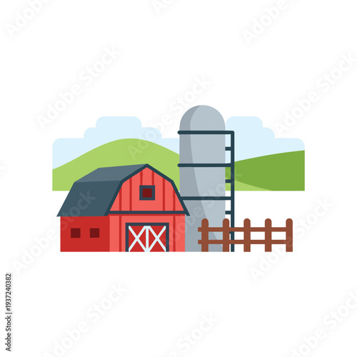 Illustrated red barn with silo and fence in green countryside landscape