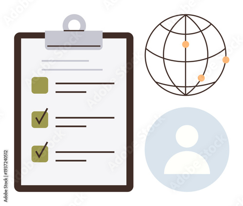 Task management, global communication, networking, organization, user identification, productivity. A checklist, globe graphic and person icon . Task management and global communication concept