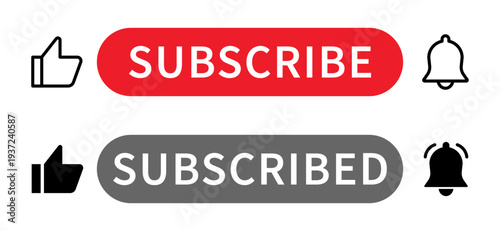 Subscribe button with notification bell and like share comment icons social media engagement set red interface elements for channel promotion online marketing communication isolated