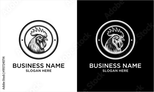 Rooster head in a circular emblem, vintage style illustration for business branding.