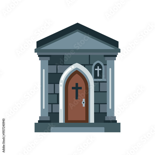Stone church entrance with wooden door and cross minimalist illustration