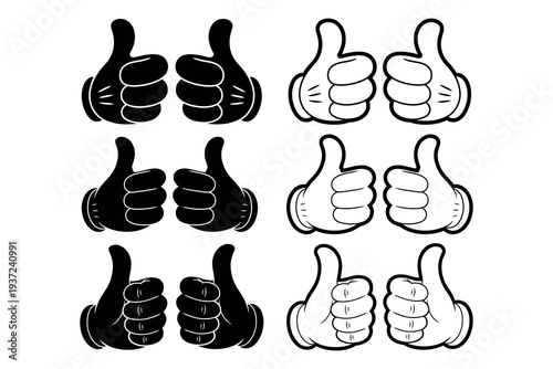 Set of hand gestures. Extensive set of diverse thumbs up hand gestures in varied styles. Minimalist solid and outline icons for digital marketing, customer satisfaction, and liking. Vector