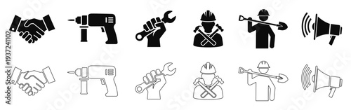 Construction Worker, Handshake Partnership Drill Tool Wrench Repair Laborer With Shovel and Megaphone Icons Set Solid and Outline Vector Collection for Industry Work Engineering and Labor Day Concepts