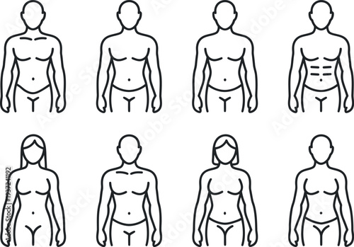 Collection of stylized male and female body outline icons representing different body types and fitness levels