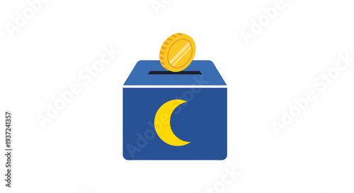 A blue donation box with a coin.