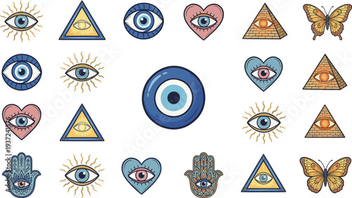Evil eye symbols collection, flat vector illustration of hamsa hand, pyramid, heart and butterfly spiritual icons