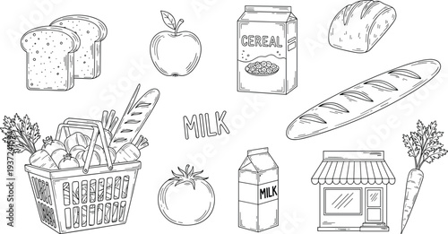 Hand Drawn Grocery and Food Collection Line Art Illustration Featuring Bread, Milk, Cereal, Apple, Tomato, Carrot and Fresh Market Basket