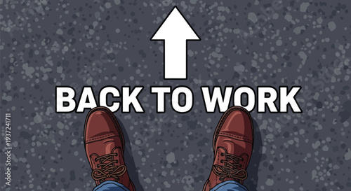 Man standing on asphalt with back to work text and arrow