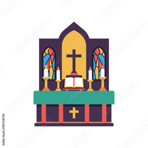 Modern church altar with cross and stained glass windows minimalist design