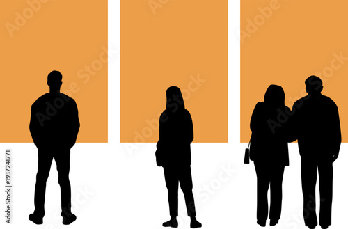 Silhouettes  of people of various ages looking paintings in an art exhibition. Isolated vector image. Transparent background