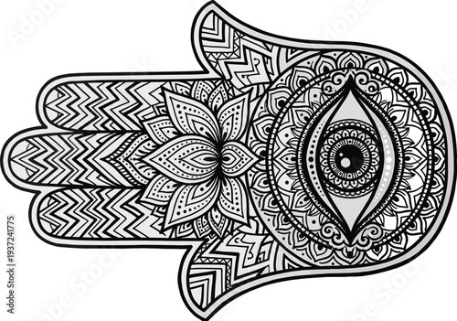 Hamsa hand mandala design, intricate flat vector illustration with floral patterns, sacred geometry and boho ornamental details