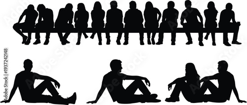 Silhouette, people, group, sitting, bench, conversation, social, interaction, posture, relaxed, community, gathering, friends, teamwork, communication, diversity, illustration, design, concept