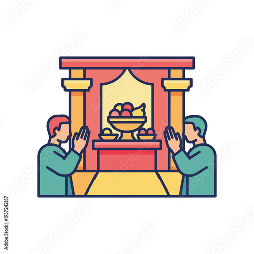 Japanese monks praying at family altar with fruit offering in traditional home