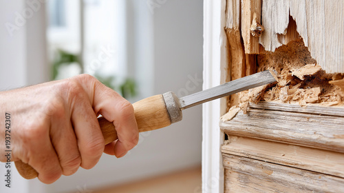 Closeup faceless chisel removing soft rotted door jamb filler, before prepping surface patch repair, sealing carpentry maintenance, wood restoration moment, with copy space