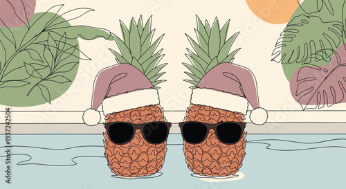 Two pineapples wearing santa hats and sunglasses in a swimming pool