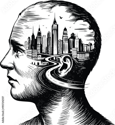 Vintage Engraving Double Exposure Urban Mind Concept Vector art illustration on white background. PNG