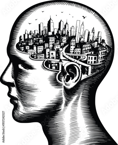 Vintage Engraving Double Exposure Urban Mind Concept Vector art illustration on white background. PNG