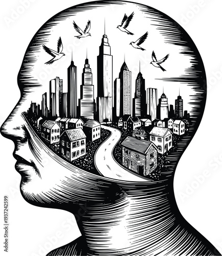 Vintage Engraving Double Exposure Urban Mind Concept Vector art illustration on white background. PNG