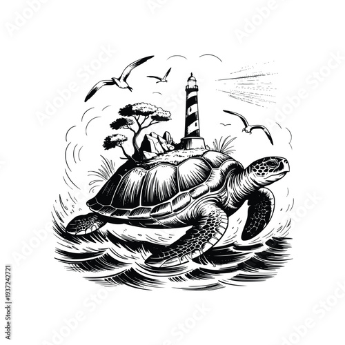 Vintage Engraving Surreal Sea Turtle Island with Lighthouse Woodcut Illustration, PNG.