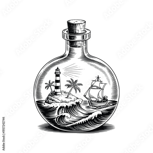 Vintage Engraving Lighthouse and Ship in a Bottle Woodcut vector art Illustration on white background, PNG.