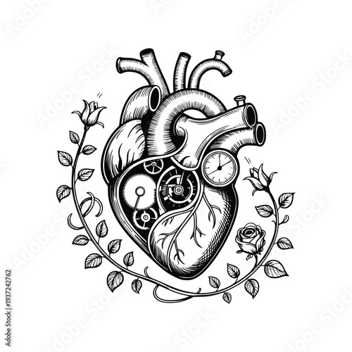 Vintage Engraving Anatomical Human Heart with Floral Vines Woodcut Illustration, PNG 