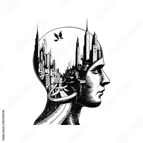 Vintage Engraving Double Exposure Urban Mind Concept Vector art illustration on white background. PNG