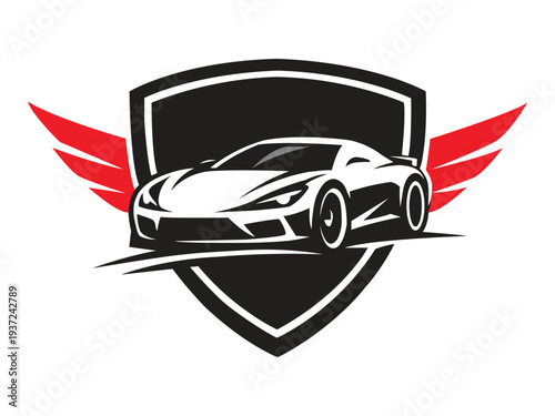  Modern sports car shield logo with red wings vector illustration. Car logo vector design.