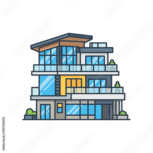 Modern luxury house exterior design with large windows and balconies in 3D illustration