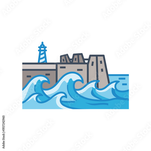 Coastal city skyline with lighthouse and ocean waves illustration