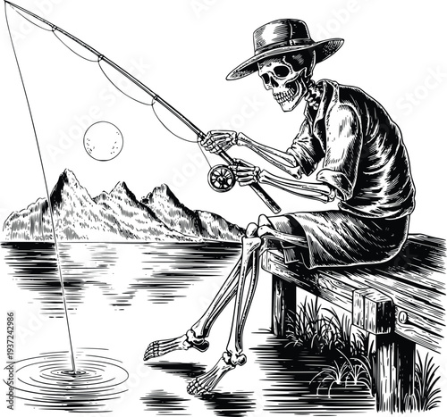 Vintage Engraving Black Skeleton Fisherman Sitting On Wooden Pier Fishing In Calm Lake Under Moonlight