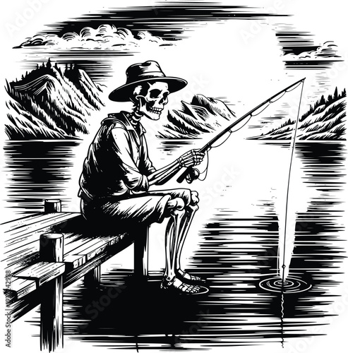 Vintage Engraving Black Skeleton Fisherman Sitting On Wooden Pier Fishing In Calm Lake Under Moonlight