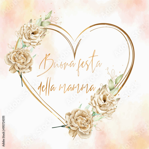 Un biglietto o uno striscione per augurare una felice festa della mamma in oro, all'interno di un cuore dorato con fiori beige e crema su uno sfondo acquerello beige e rosa.