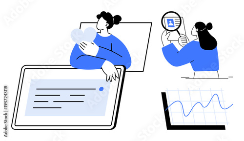 Data analysis concept. Individuals interact with data screens, documents, and charts to process information. Data analysis for digital tools, research, business, communication, education