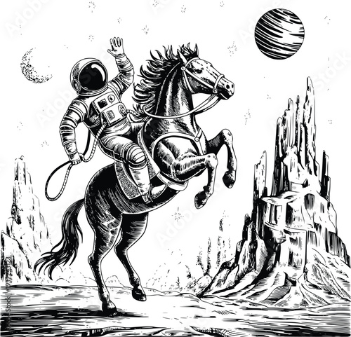 Vintage Engraving Astronaut Riding A Horse On An Alien Planet Surface With Moon And Stars on white background.
