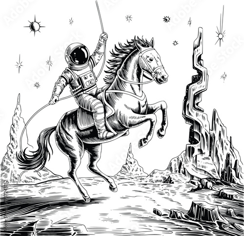 Vintage Engraving Astronaut Riding A Horse On An Alien Planet Surface With Moon And Stars on white background.
